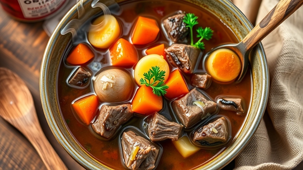 Savory Venison Stew Recipe A bowl of venison stew with vegetables on a rustic table setting, garnished with parsley.